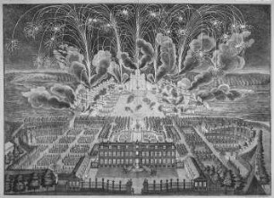 Dresden. Feuerwerk auf der Elbe, im Vordergrund Holländisches Palais, Stich, um 1719. Dresden, Kupferstich-Kabinett