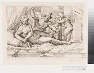 Venus liegt im Bett, Vulcan arbeitet an seiner Schmiede, beobachtet von Cupid
