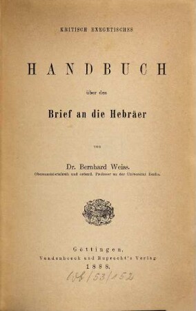Kritisch exegetisches Handbuch über den Brief an die Hebräer