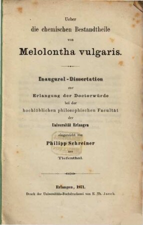 Über die chemischen Bestandtheile von Melolontha vulgaris
