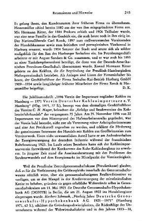 Hager, C. H. :: Verein der Importeure Englischer Kohlen zu Hamburg, Verein Deutscher Kohlenimporteure e.V., 1896 - 1971 : Hamburg, 1971