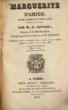 Marguerite d'Anjou : drame lyrique en 3 actes