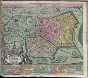 Accurata recens delineata Ichnographia celeberrimae liberae Imperii Civitatis ac Sveviae Metropolis Augusta Vindelicarum : Viris Per illustribus Dno. Ioanni A Stetten, et Dno. Ioanni Iacobo Holzapfel Ab Herxheim, Sac. Caes. Maiest. Consiliariis Actualibus Inclytae Reipublicae Augustanae Duum Viris Praefectis Splendidißimis, Dominis suis Gratiosis. = Neu verfertigt accurater Grund-Riß der Hochberühmten deß Heil. Röm. Reichs Freyen u. deß Schwäbischen Creises Haupt-Statt Augspurg