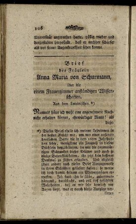 Brief des Fräulein Anna Maria von Schurmann, über die einem Frauenzimmer anständigen Wissenschaften. - Warnung an meine Schwester.