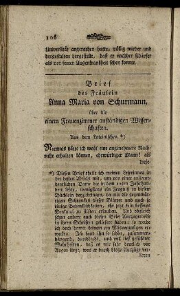 Brief des Fräulein Anna Maria von Schurmann, über die einem Frauenzimmer anständigen Wissenschaften. - Warnung an meine Schwester.