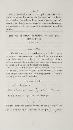 Questions de licence és sciences mathématiques (Année 1874).