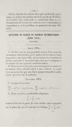 Questions de licence és sciences mathématiques (Année 1874).