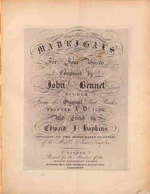 Madrigals for 4 voices : scored from the Original-Part-Books printed A. D. 1599
