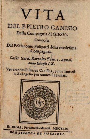 Vita del patre Pietro Canisio della compagnia di Giesu