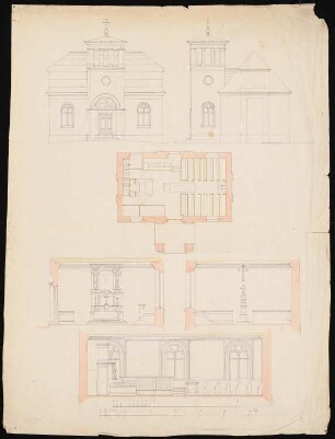 Turmneubau und Innenraumumgestaltung einer Kirche: Ansichten, Grundriss, Schnitte, Detailstudien