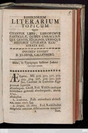 Repertorium Literarium Topicum Quo Citantur Libri, Librorumve Particulæ, Quibus Uniuscujusque Gentis, Regionis, Urbisque Historia Literaria Illustrata Est : Specimen