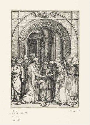 Verlobung Mariens, Blatt 7 aus: Albrecht Dürer, "Epitome in Divae Parthenices Mariae Historiam ab Alberto Durero Norico per figuras digestam cum versibus annexis Chelidonii", Nürnberg 1511
