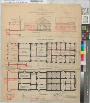 Zeichnung zum Umbau des Empfangs-Gebäudes auf Bahnhof Dorsten: Ansicht, Grundriß, Schnitt, M. 1:100 Hge, Sknr.: 1, Fanr.: 3, Bunr.: 4