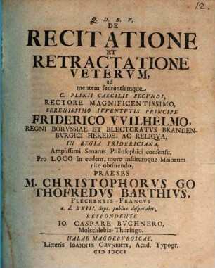 De recitatione et retractatione veterum ad mentem sententiamque C. Plinii Caecilii Secundi disputatio