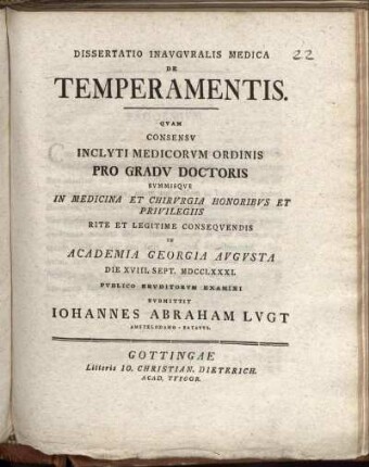 Dissertatio Inauguralis Medica De Temperamentis