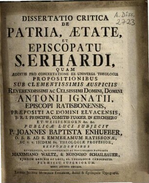 Dissertatio Critica De Patria, Aetate Et Episcopatu S. Erhardi