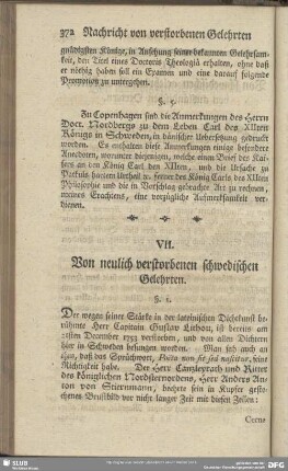 VII. Von neulich verstorbenen schwedischen Gelehrten