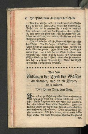 Von dem Anhängen der Theile des Wassers an einander, und an die Körper, die sie berühren.