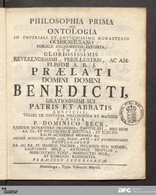 Philosophia Prima Seu Ontologia In Imperiali Et Antiquissimo Monasterio Ochsenhusiano