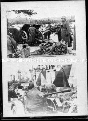 Soldaten an einem Geschütz (oben); Geschütze in einem Hafen (unten), 2. Weltkrieg
