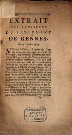 Recueil des arrêts Remontrances et autres pièces qui sont émanées contradictoirement dans l'affaire du Parlement de Bretagne