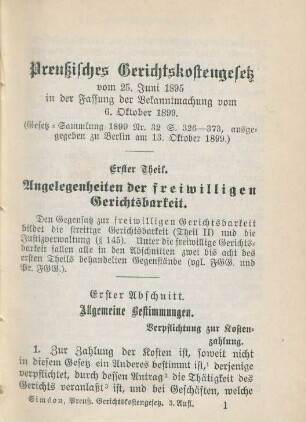 Preußisches Gerichtskostengesetz vom 25. Juni 1895 in der Fassung der Bekanntmachung vom 6. Oktober 1899.