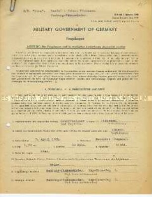 Fragebogen der Military Government of Germany zur Entnazifizierung