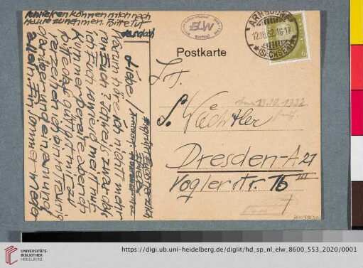 Briefe: Postkarte von Elfriede Lohse-Wächtler an Sidonie Wächtler (und Gustav Adolf Wächtler?)