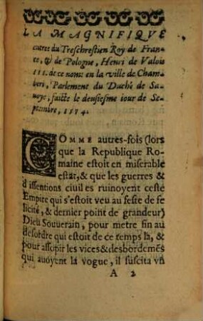 La Magnifique Entree Dv Tres-chrestien Roy de France, & de Pologne, Henry de Valois III. de ce nom en la ville de Chambery, Parlement du Duché de Sauoye, faicte le deuxiesme iour de Septembre, 1574