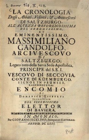 La cronologia degli abbati, vescovi, & arcivescovi di Saltzburgo