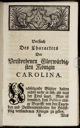 Versuch Des Characters Der Verstorbenen Glorwürdigsten Königin Carolina.