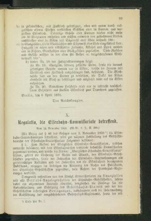 X. Regulativ, die Eisenbahn-Kommissariate betreffend.
