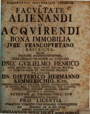 Diss. inaug. jur. de facultate alienandi et acquirendi bona immobilia iure Francofurtano restricta
