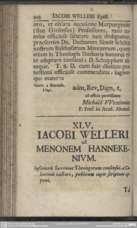XLV. Iacobi Welleri ad Menonem Hannekenium