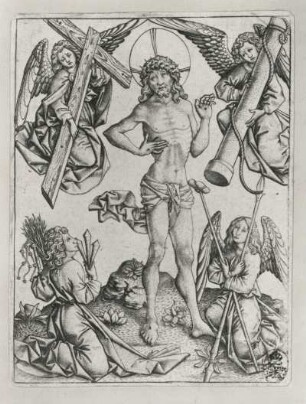 Der Schmerzensmann, von vier Engeln umgeben : Meister E.S.: Der Schmerzensmann, von vier Engeln umgeben. Kupferstich; 15 x 11,7 cm. Dresden: Kupferstich-Kabinett A 372 in A 75, 1 Lehrs II, S. 111, Nr. 55
