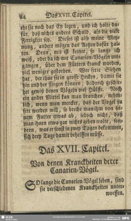 Das XVII. Capitel. Von denen Kranckheiten derer Canarien-Vögel