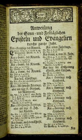 Anweisung der Sonn- und Festtäglichen Episteln und Evangelien durchs gantze Jahr.