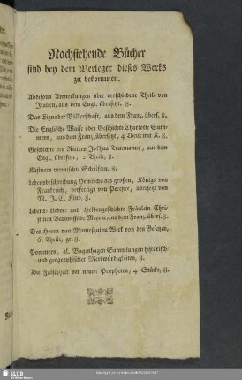 Nachstehende Bücher sind bey dem Verleger dieses Werks zu bekommen