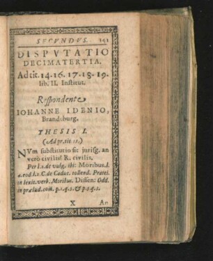 Disputatio Decimatertia. Respondente Iohanne Idenio.