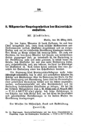 Fleckfieber : [B. Allgemeine Angelegenheiten der Unterrichtsanstalten]