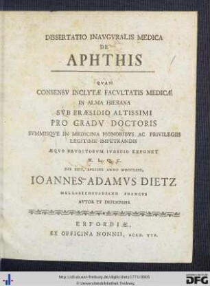 Dissertatio Inavgvralis Medica De Aphthis