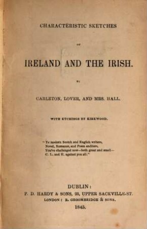 Characteristic Sketches of Ireland and the Irish : By Carleton, Lover and Mrs Hall