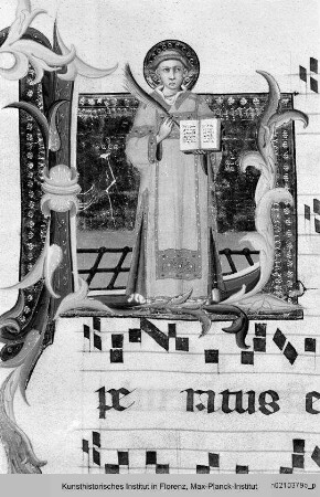Antiphonar zu Dante Alighieri : Textseite mit historisierter Initiale L: Der hl. Laurentius als Märtyrer
