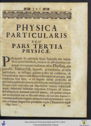 Physica Particularis seu Pars Tertia Physicae.