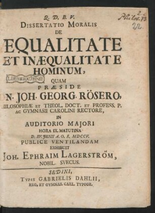 Dissertatio Moralis De Æqualitate Et Inæqualitate Hominum