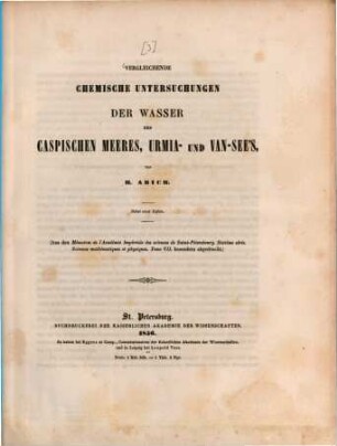 Vergleichende chemische Untersuchungen der Wasser des Caspischen Meeres, ṟmie-̱ v. Van-See's