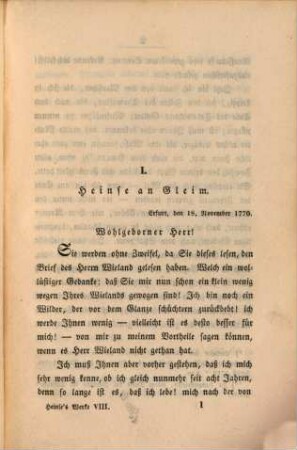 Wilhelm Heinse's sämmtliche Schriften, 8. Briefe I