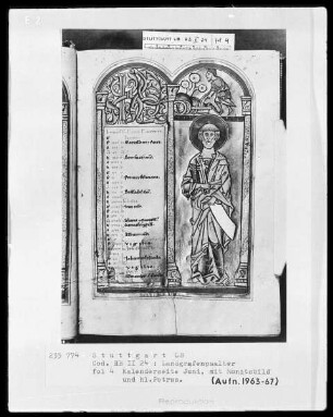 Psalterium (sogenannter Landgrafenpsalter) — Kalendar, Folio 1verso-7recto — Buchseite Juni mit Apostel Petrus und Monatsbild, Folio 4recto
