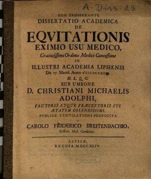 Dissertatio Academica De Eqvitationis Eximio Usu Medico