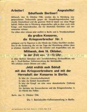 Aufruf zu einer Großkundgebung im Zusammenhang mit dem Abschluss des Nürnberger Prozesses